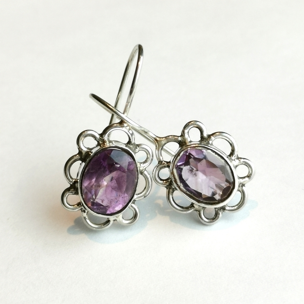 Sterling Silver Amethyst Flower Drop Earrings New